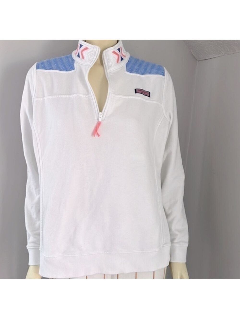 VINEYARD Vines Women’s Embroidered Blue & Pink Collar Shep Shirt White L